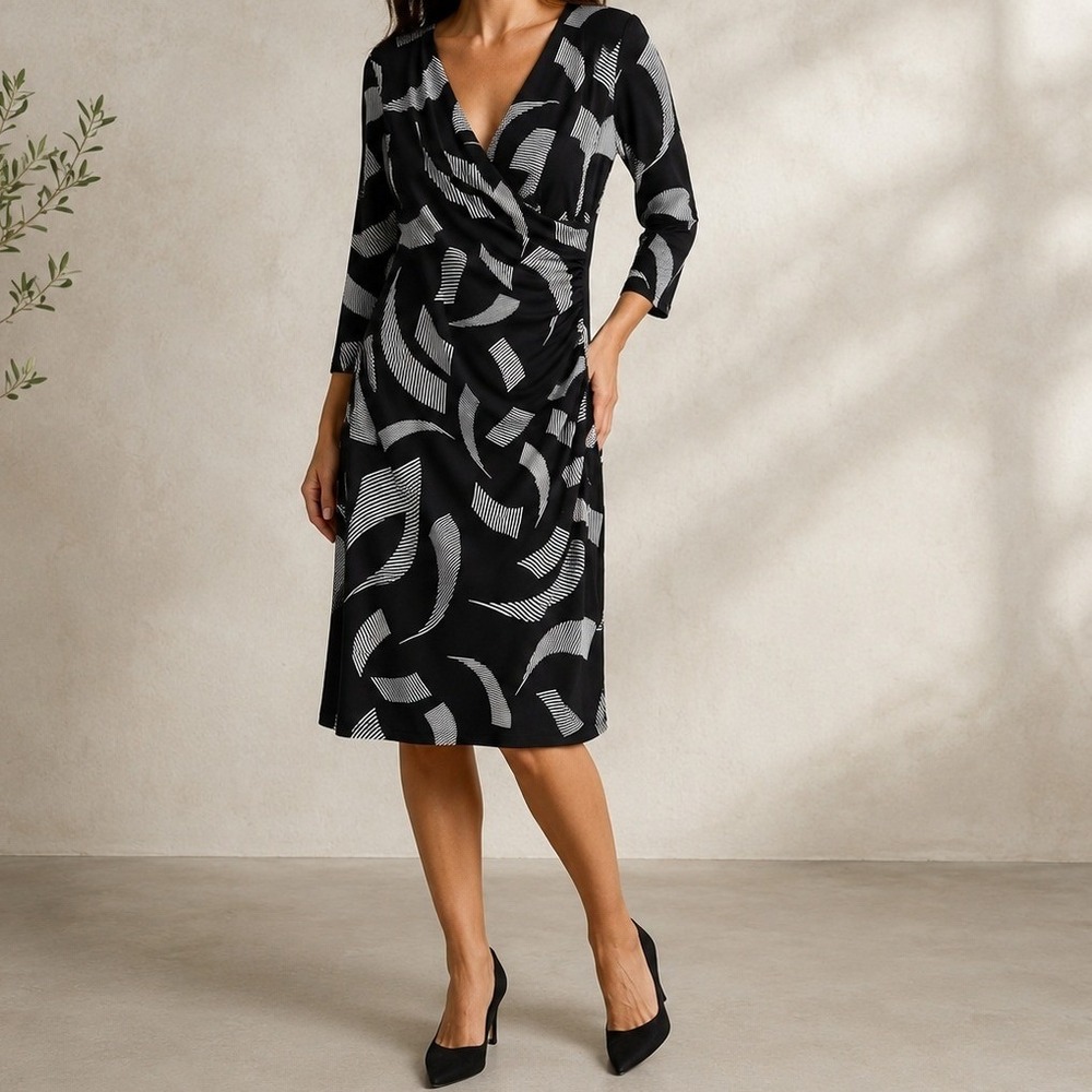 Joseph Ribkoff Dress Womens 10 Black White Geometric Abstract Faux Wrap Midi